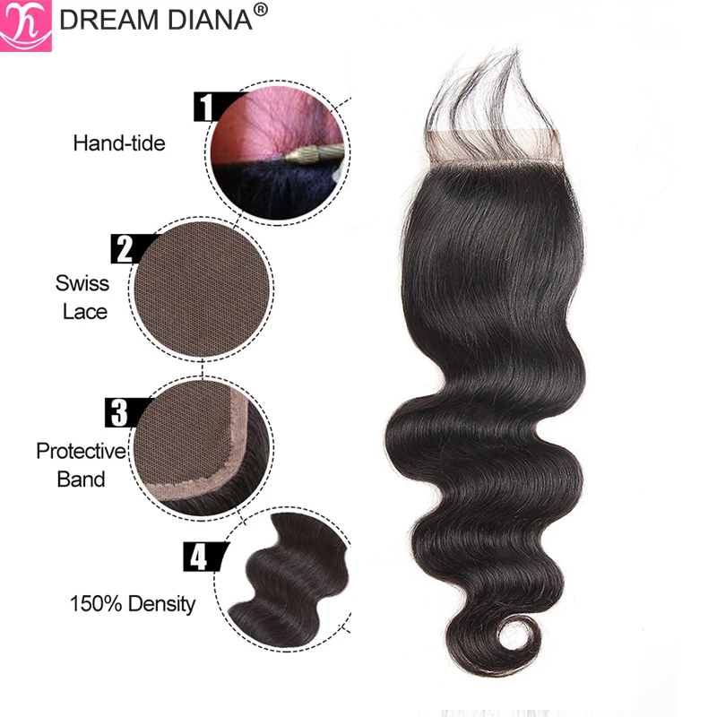 DreamDiana Remy Brazilian Kinky Straight Closure Ombre Curly 4 x 4 Lace Closure Hand Made 100% Human Hair Closure With Baby Hair