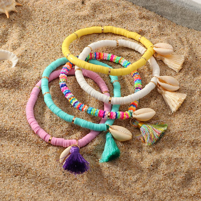 Böhmische ethnische Muschel Quaste Charms Strang Armbänder für Frauen bunte Polymer Clay Scheiben Perlen Armband Strand Schmuck Geschenke