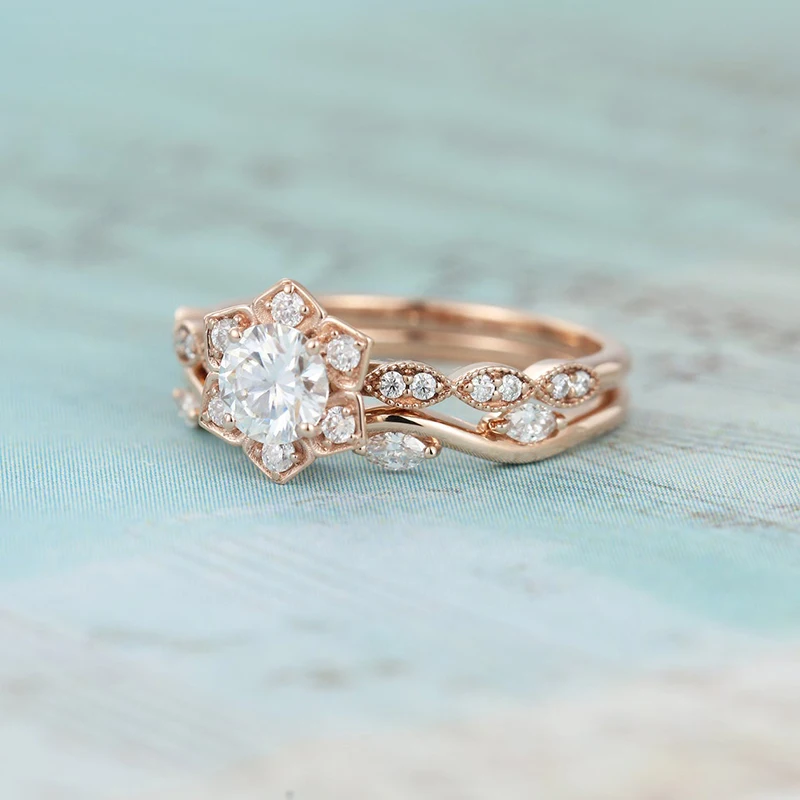 CxsJeremy Moissanite Engagement Ring set Unique Flower 14K 585 Rose Gold 0.5ct Round Vintage Eternity Marquise Wedding Band