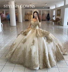 Gold Sweetheart Ball Gown Bead Quinceanera Dresses With Long Sleeve Corset Dress Princess Sweet 16 Vestidos De Fiesta Customized