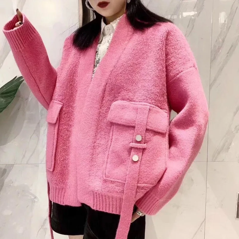 

Cardigan Women Autumn Winter Knitted Sweater Jacket Fashion Big pocket V-Neck Cardigans Coat Lady Thick Warm Sweaters 2020 New