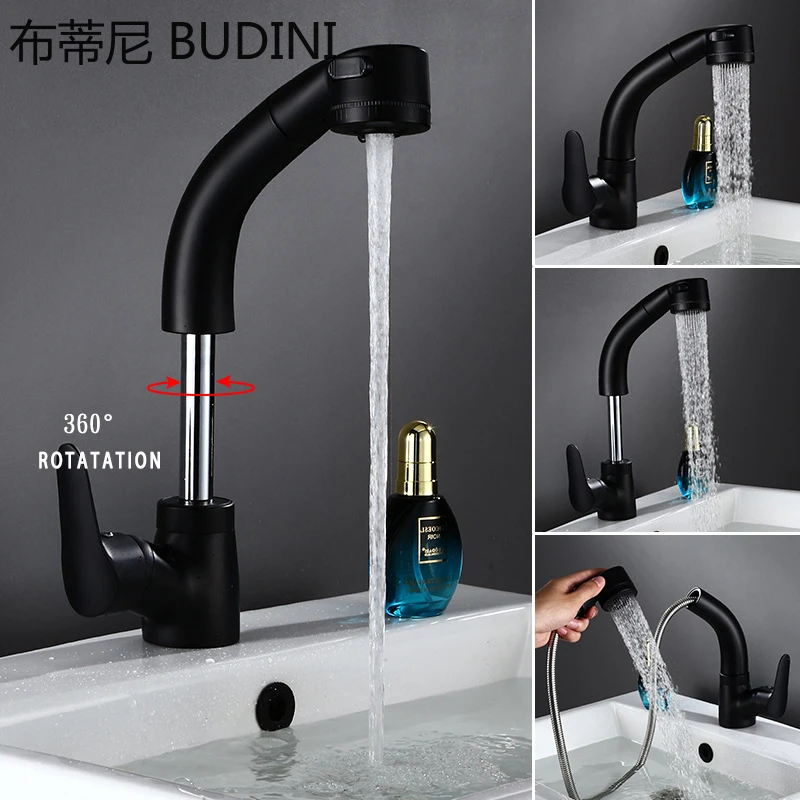 Black Basin Faucet Pull Out Pull Up Swivel Black Bathroom Sink Faucet Mixer Kitchen Vanity Faucet Luxury Water Tap