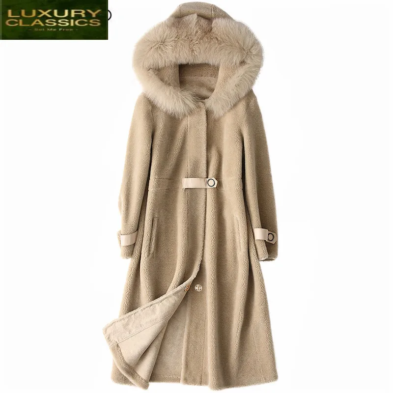 

Jacket Women Real Winter Sheep Shearing Fur Coat Female Long Warm Parka Real Fox Fur Collar Hooded Spring Clothes LWL1372