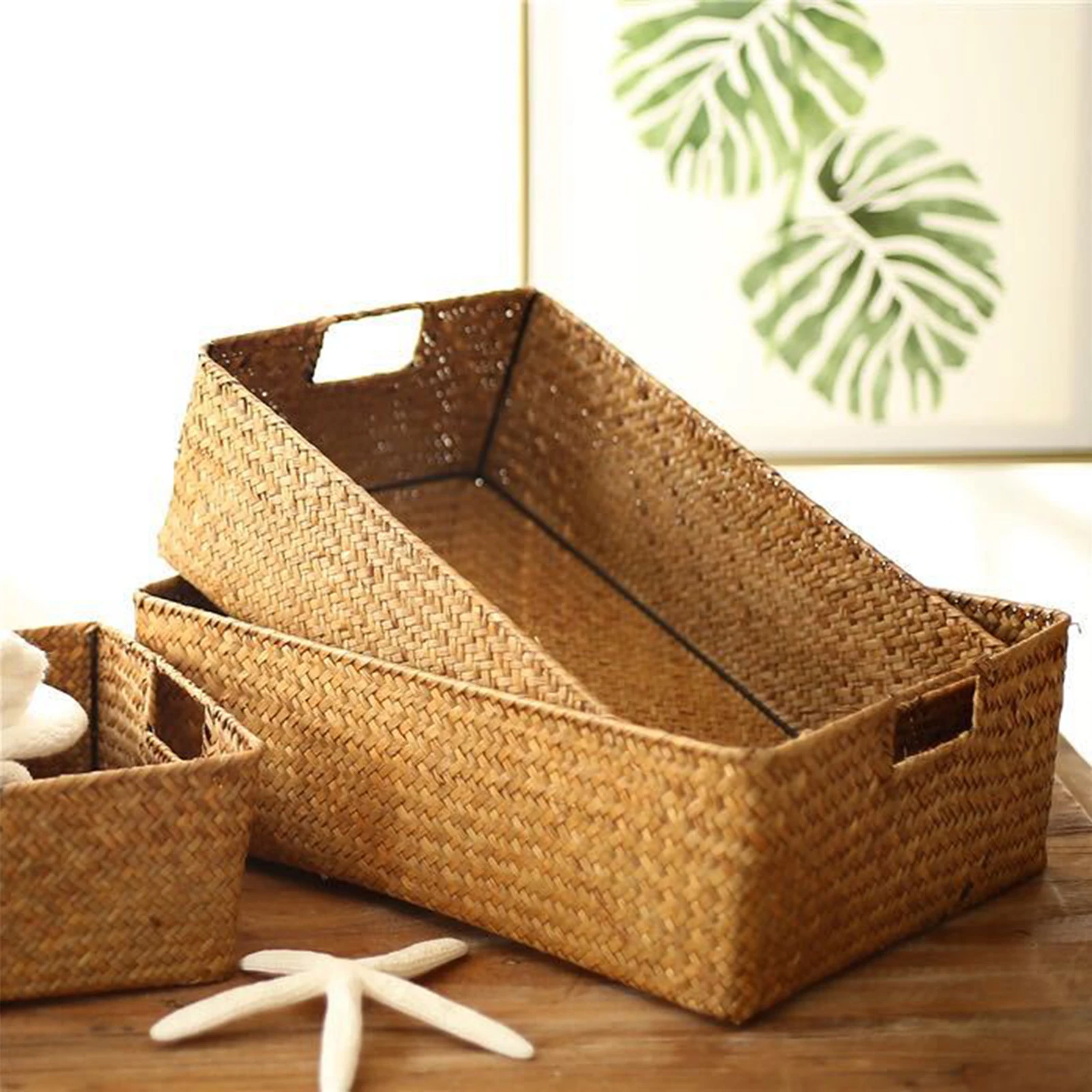 Large Home Storage Basket Box Grass Woven Rectangular Storage Container Sundries Kitchen Drawer Organizer