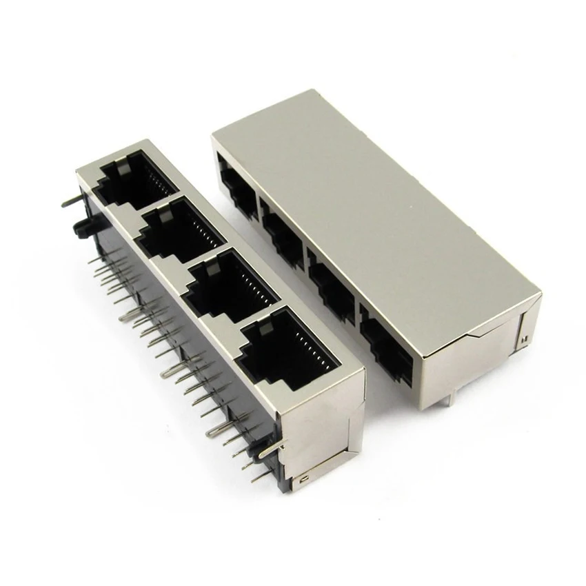 

10PCS/Lot 4-Ports RJ45 8P8C Female Jack/Socket Connector 1*4 59-Type Steel Shield Networ 90 Degree 21mm