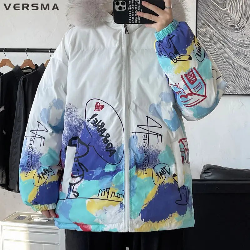 

VERSMA Korean Harajuku Graffiti Print Winter Jacket Coat Men Fur Collar Oversized Cotton Padded Vintage Parka Men Dropshipping