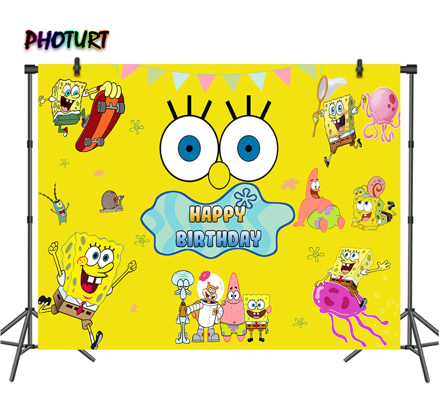 PHOTURT Esponja Bob Photography Backdrops Baby Shower 1st Birthday Party Photo Background Golden Toy Vinyl Decoration Props