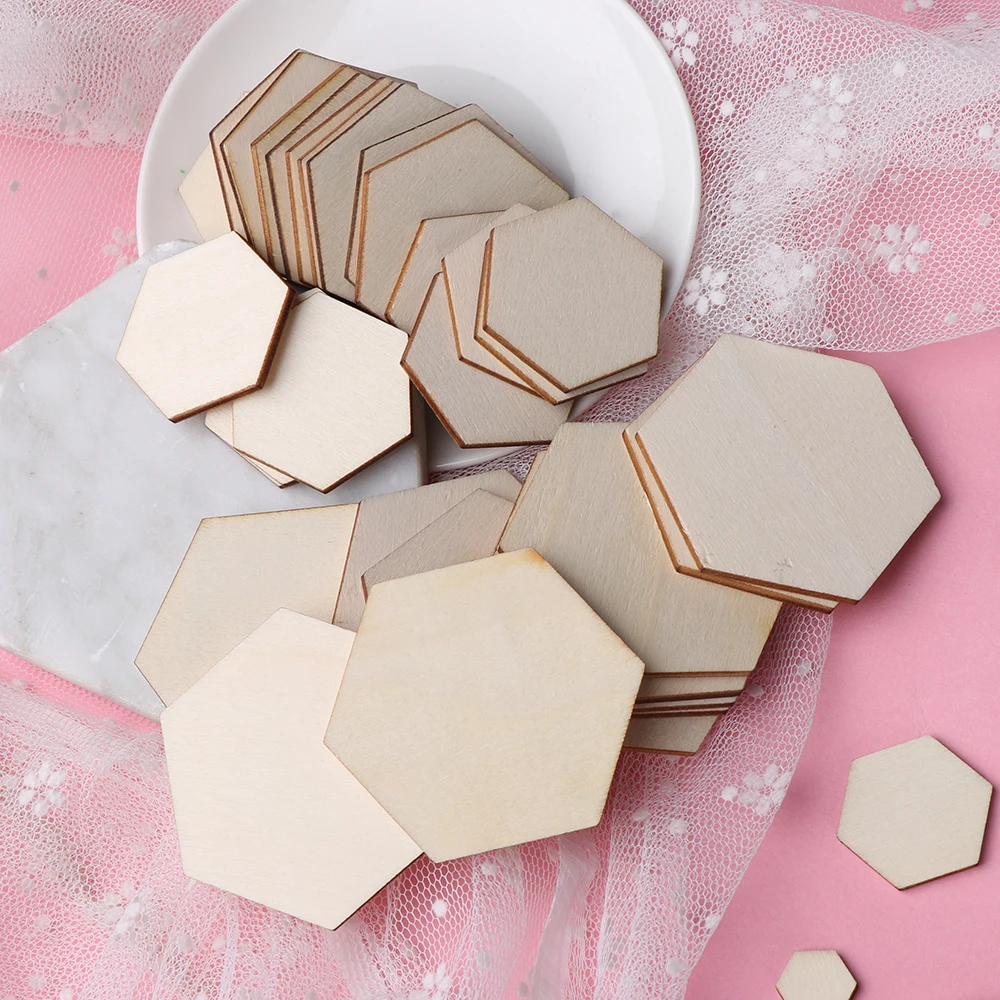 50/100pcs Wood DIY Laser Cut Embellishment Craft New Hexagonal Shape Decor Ornaments Wedding