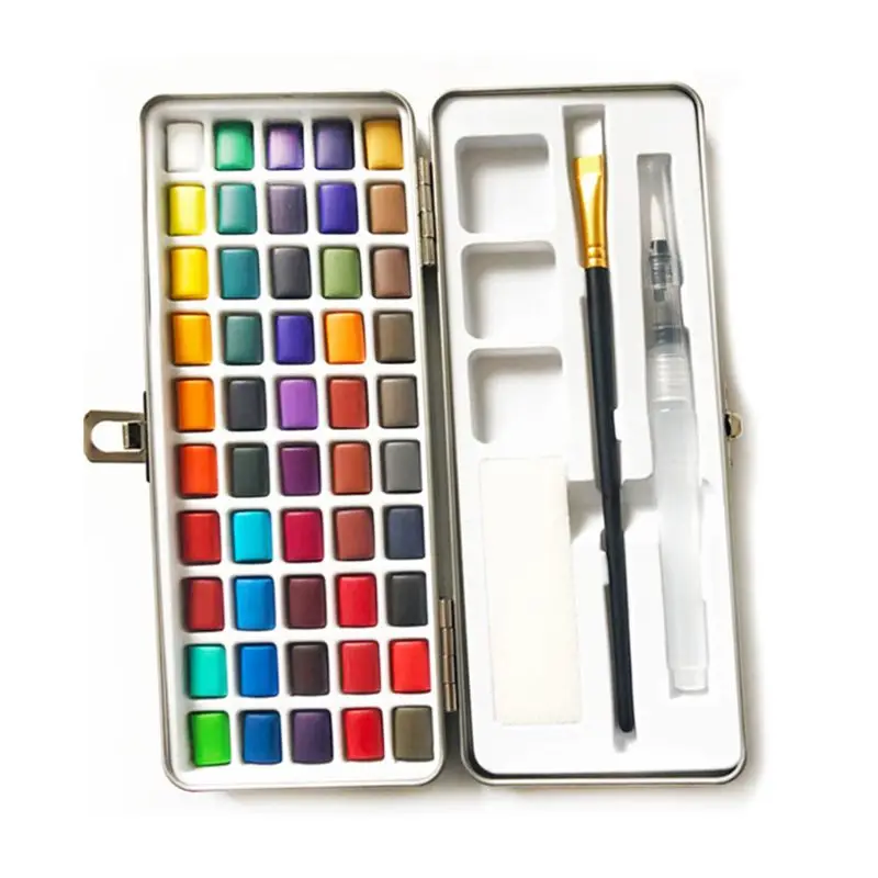 50 Colors Solid Watercolor Paint Pigment Set Portable Metal Box for Beginner Drawing Art Supplies