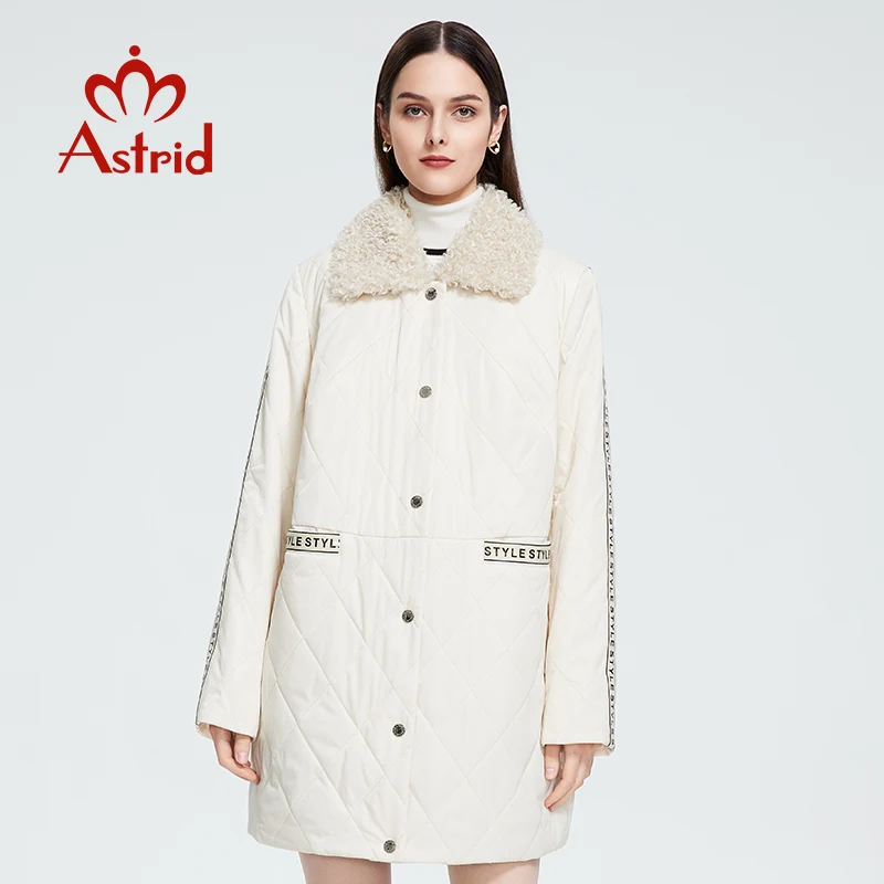 Astrid 2022 New Women's Spring Autumn Quilted Jacket with Fur Zipper Letter Print White Long Coat Women Parkas Outerwear AM-9798