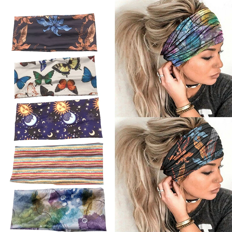 

Bohemia Headpiece Women Stretch Headwear Headbands Bandage Stretch Girl Wide Hair Bands Headwrap Scarf Yoga Hairbands