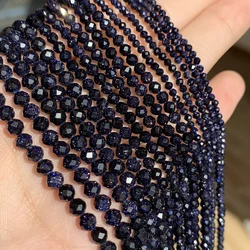 Blue Natural Sandstone Beads Faceted Stone Round Loose Mineral Beads for Jewelry Making Handmade waistbeads Women 2/3/4mm