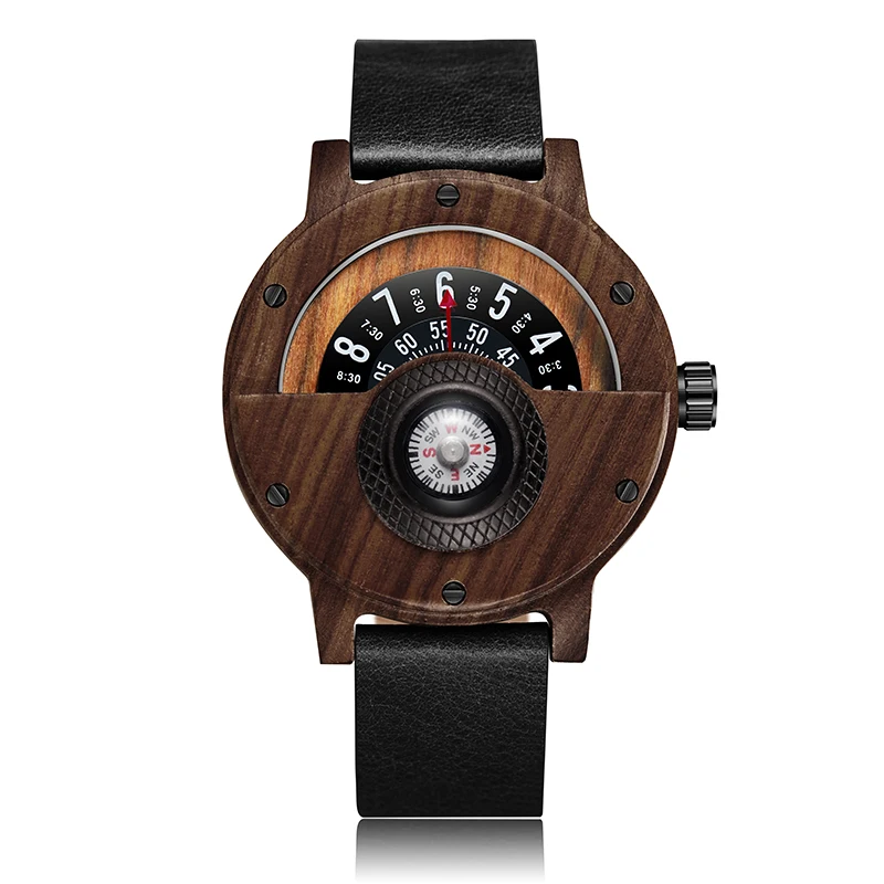 Reloj creativo de madera de nogal para hombre, pulsera de cuero de madera de palisandro Natural Real, brújula, Tocadiscos