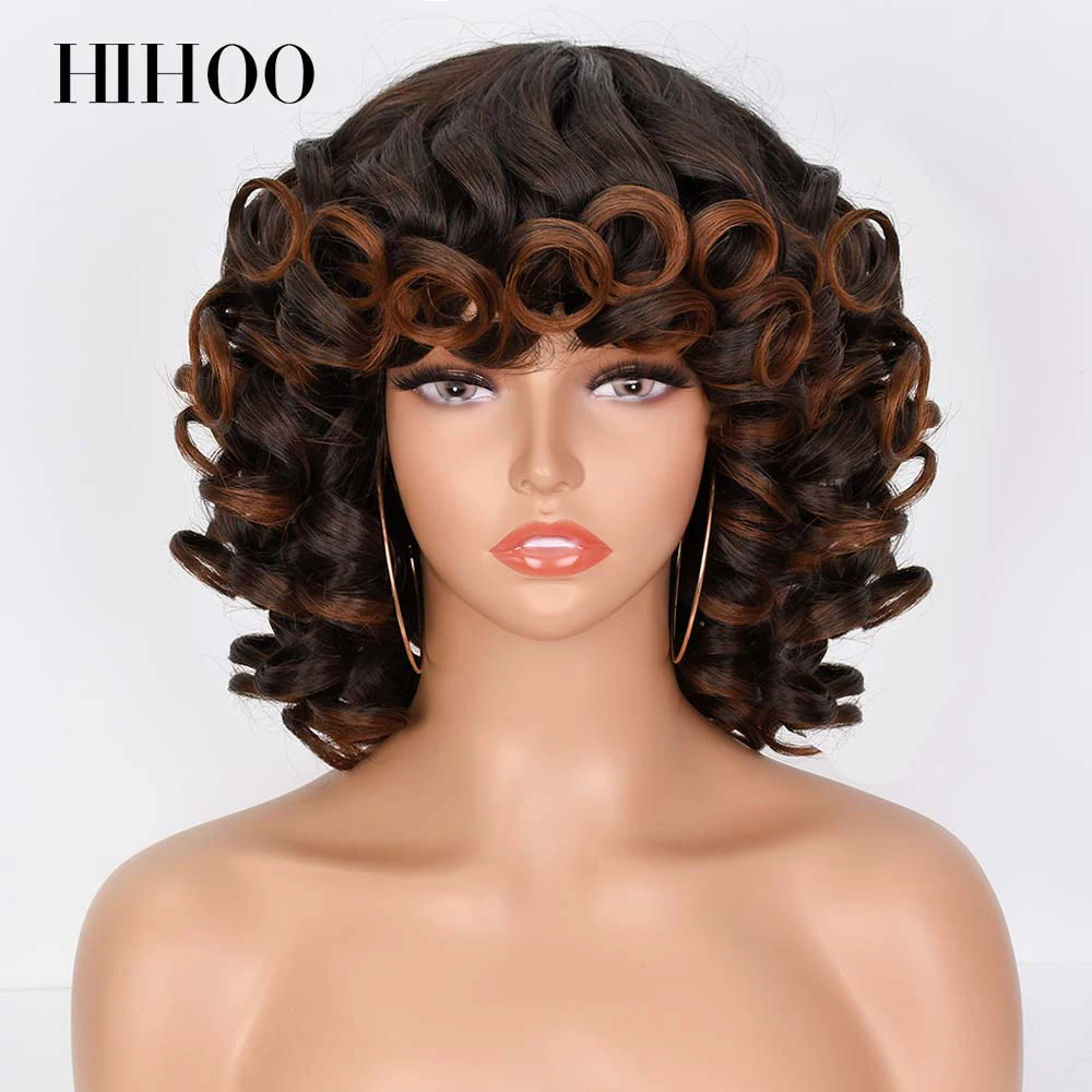 Short Hair Afro Kinky Curly Wigs With Bangs For Black Women Synthetic African Cosplay Natural Blonde Red White Pink Wig