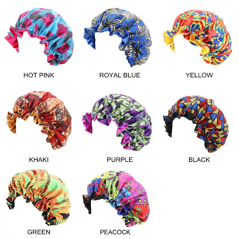 

Hair Caps African Pattern Satin Bonnet Big Wave Brim Night Sleep Cap Extra Large Size Women Flower Turban Hair Styling Tool