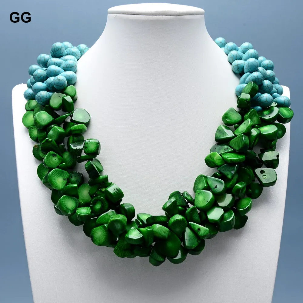 GuaiGuai Jewelry 3 Rows Green Coral Blue Teardrop Turquoise Real Gems Necklace Shell Flower Clasp Handmade For Women