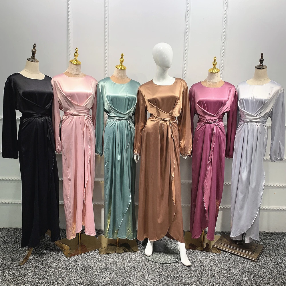 

6 Colors Muslim Abaya Satin High Quality Long Dress Arab Ramadan Dubai Maxi Robe For Women Solid Bandage Front Slit Casual Dress