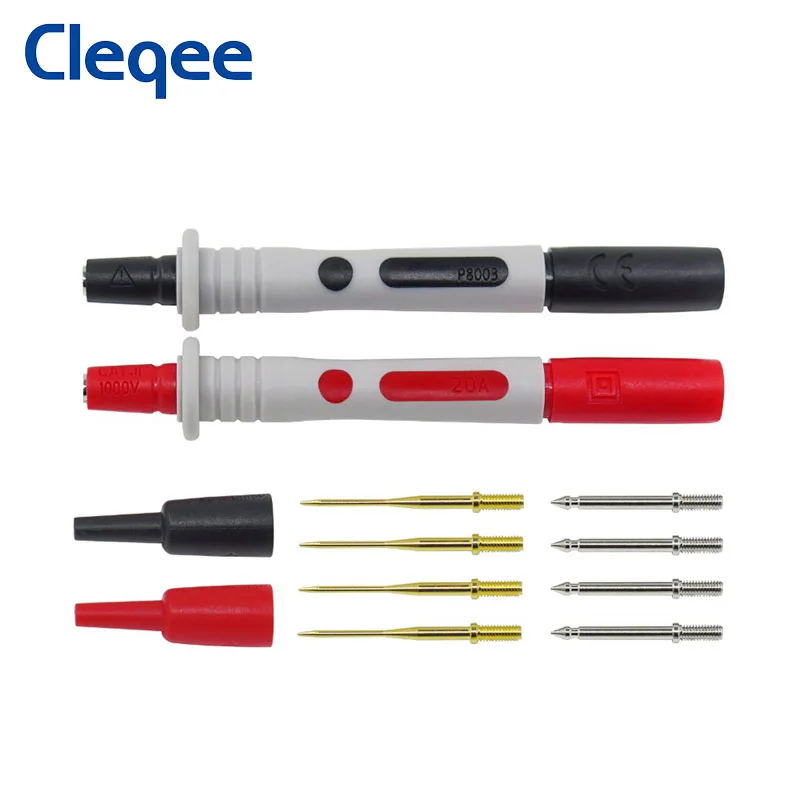 

Cleqee P8003 2PCS Multimeter Probe + 8pcs Replaceable 1mm 2mm Needles Protective Caps Multi-purpose Test Pen kit Good Feel