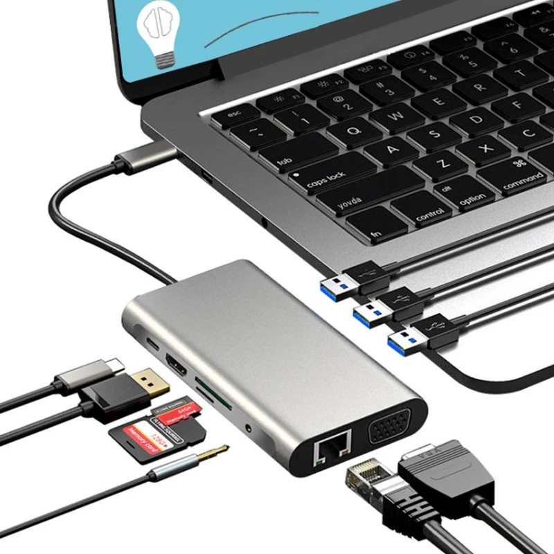 Trumsoon USB C Hub إلى Ethernet RJ45 4K HDMI-متوافق مع قارئ بطاقات VGA USB 3.0 نوع C PD Dock لأجهزة MacBook Samsung S10 Dex TV