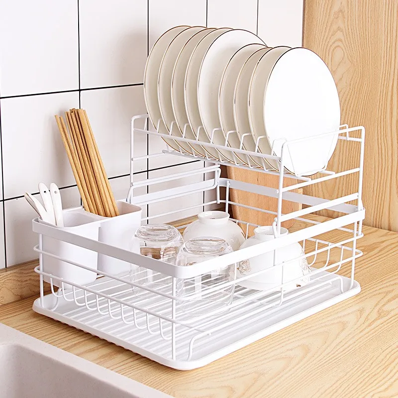 Dish Rack with Drip Tray Kitchen Cutlery Storage Basket Dish Drainer Rack with Storage for Kitchen Organizer Rack