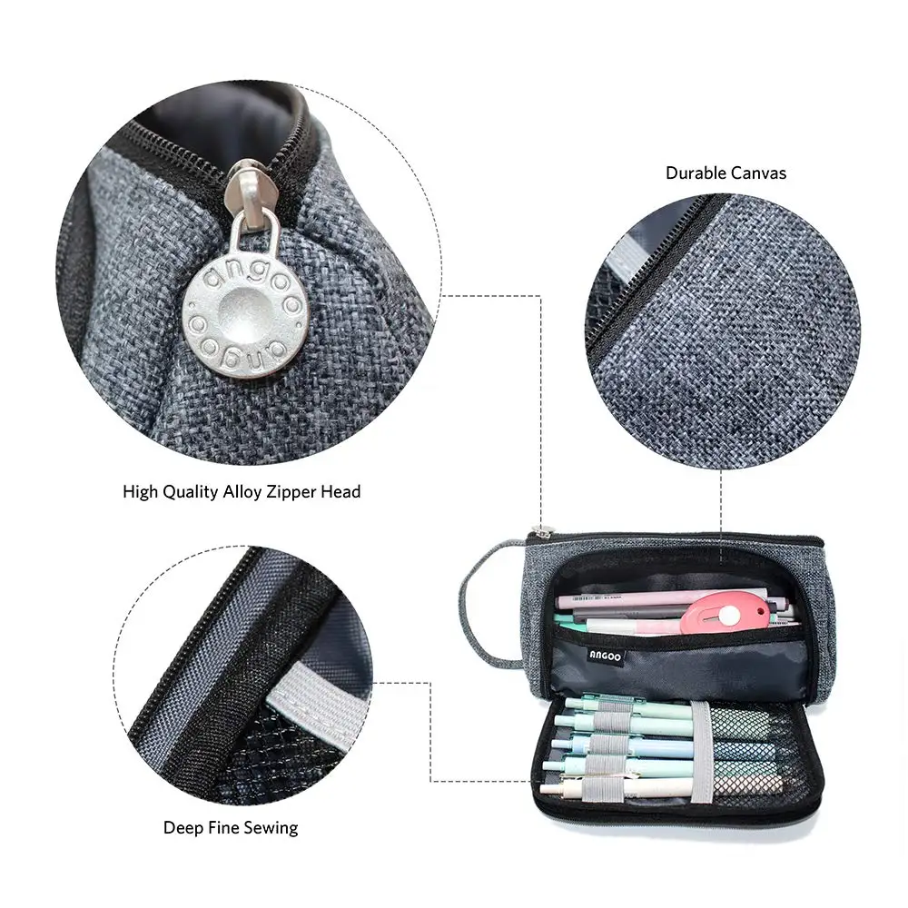 Solid Color Dark Grey Pouch Big Capacity Pen Box Side Open Stationery Tools Case Make Up Organizer Gift Pencil Bag School Girl