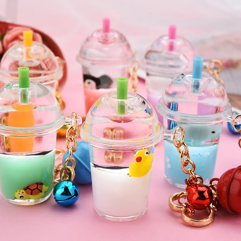 Acrylic Milk Bottle Keyring Milk Tea Cup Keychain Marine Animal Liquid Floating Key Chains Charm Bag Pendant Car Key Ring