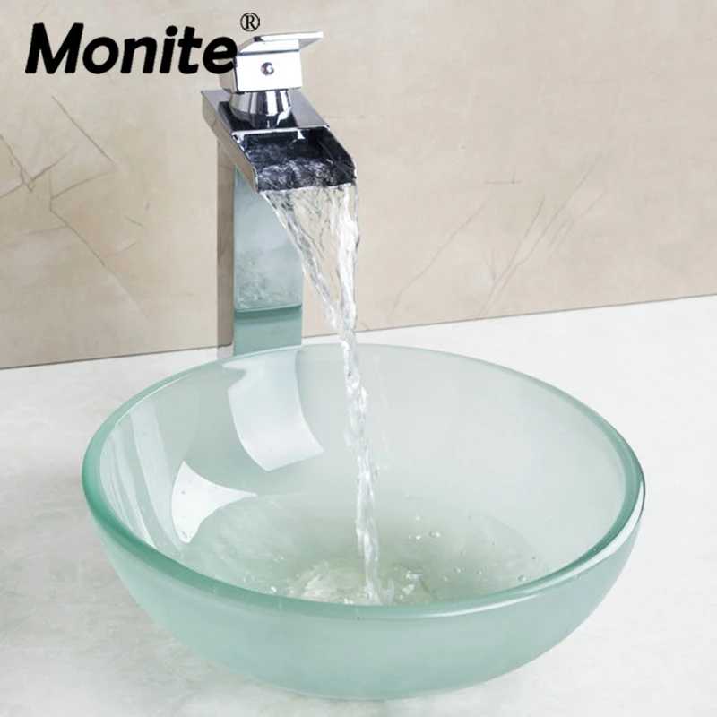 Monite Waterfall Bathroom Faucet & Frosted Tempered Glass Vessel Sink & Pop Up Drain Round Bathroom Sink Set Chrome Brass Faucet