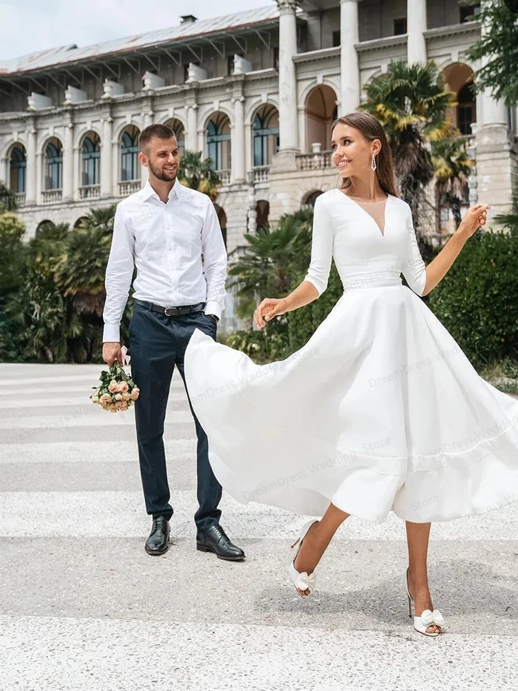 Vestido De novia De gasa con cuello en V para mujer, vestido De novia De manga larga, corto y sencillo, hecho a medida, a la altura De la rodilla, barato