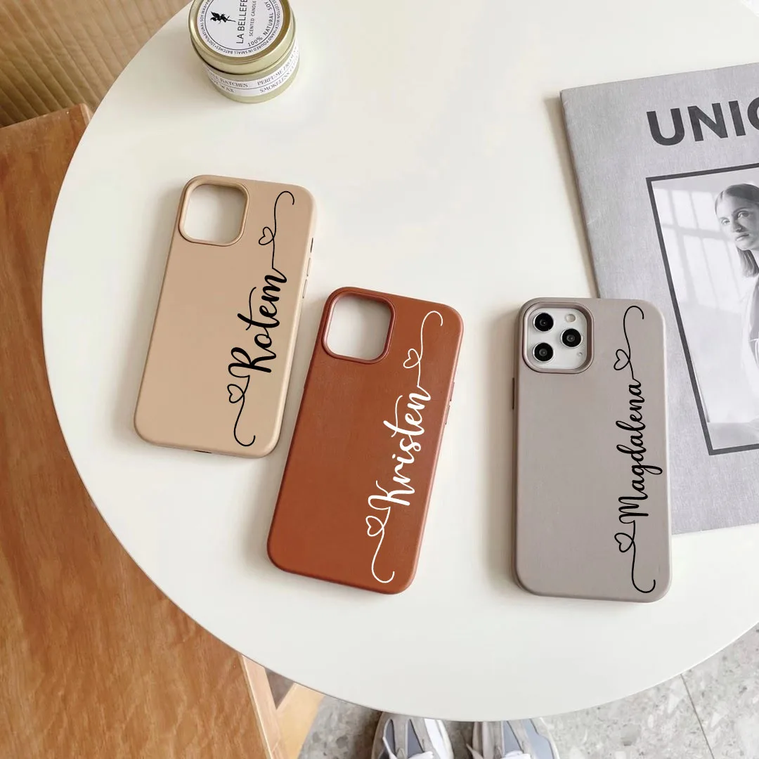 Customize Name Love heart Leather Case for iPhone 13 12 11 Pro Max 7 8 Plus X XR XS Max Cases Solid DIY Name Luxury PU Cover Hot