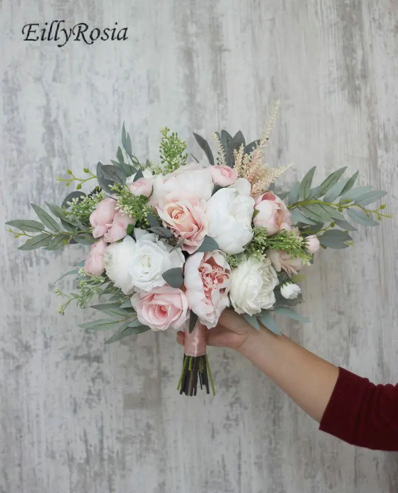 EillyRosia สีขาวสีชมพู Wedding Bouquet Da เจ้าสาวประดิษฐ์ Ramos De Novia Boda Peony โรแมนติก Rustic งานแต่งงานดอกไม้