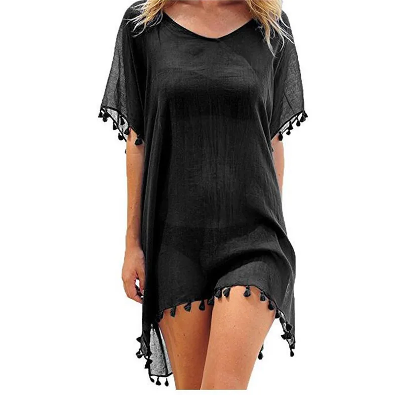 Chiffon Tassels Beach Dress Women Swim Suit Bathing Suit Cover Up Tunic Sarongs Blouses Swimwear Female Pareo Tops