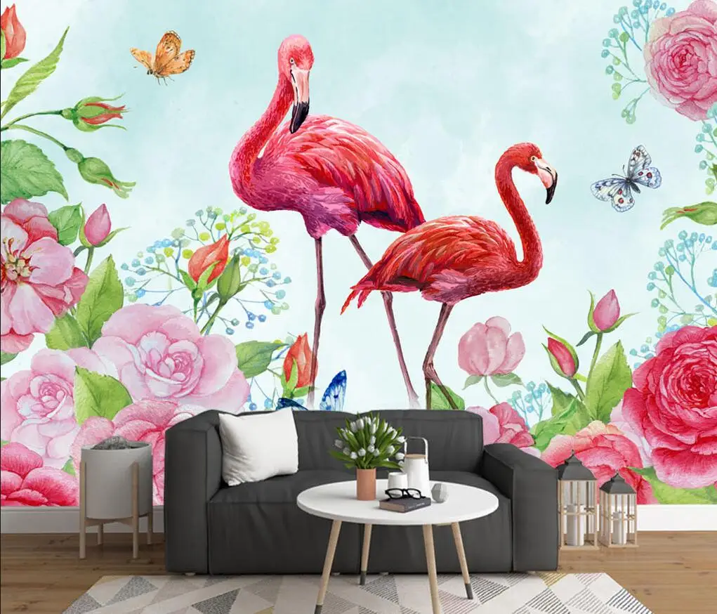 Custom size mural Banana leaf plant Flamingos background mural home decor Children's room cartoon hanging picture 3d wallpaper