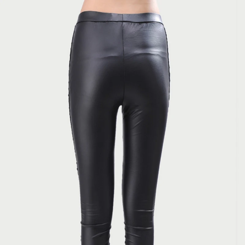 Stylish Sexy Women Faux Leather Gothic Punk Leggings Pants Lace Skinny Nine-point Trousers Simulated Leather Pants Belt Leggings