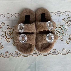 Women's Genuine Shearling Slippers Ladies Furry Slippers Girls Flat Slippers Outside