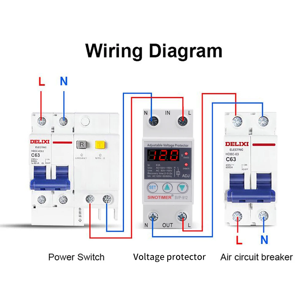 Manual Adjustable 110V 120V 63A Voltage Relay DIN Rail Over Under Voltage Monitoring Protection Device Automatic Transfer Switch