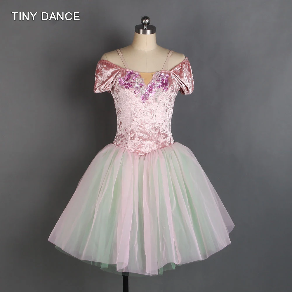 Off-the-shoulder Ballet Dance Tutu Leotard Dress for Girls Pink Velvet Bodice with Attached Pink/Green Romantic Tutu 20108