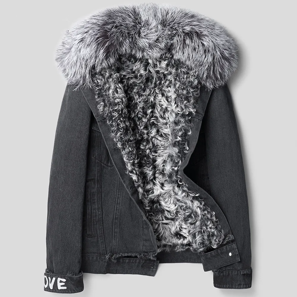 

Parka Homme Real Lamb Fur Liner Denim Jacket Winter Jacket Fox Fur Collar Short Parkas Streetwear Coat F-XD-1803 MY1215