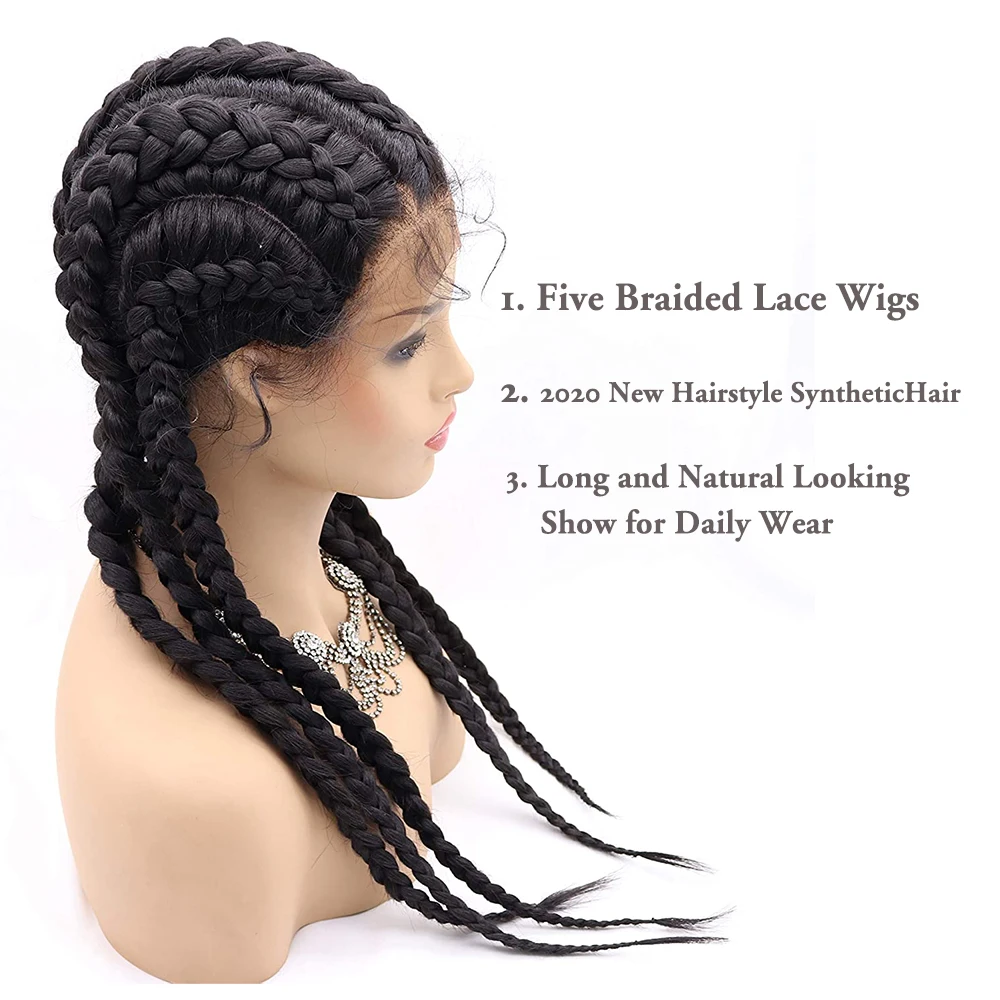 Handmade Box Braided Synthetic Lace Front Wig with Baby Hair 1B# Black Long Big Braiding 5 Braids Wig for Women Lace Wigs