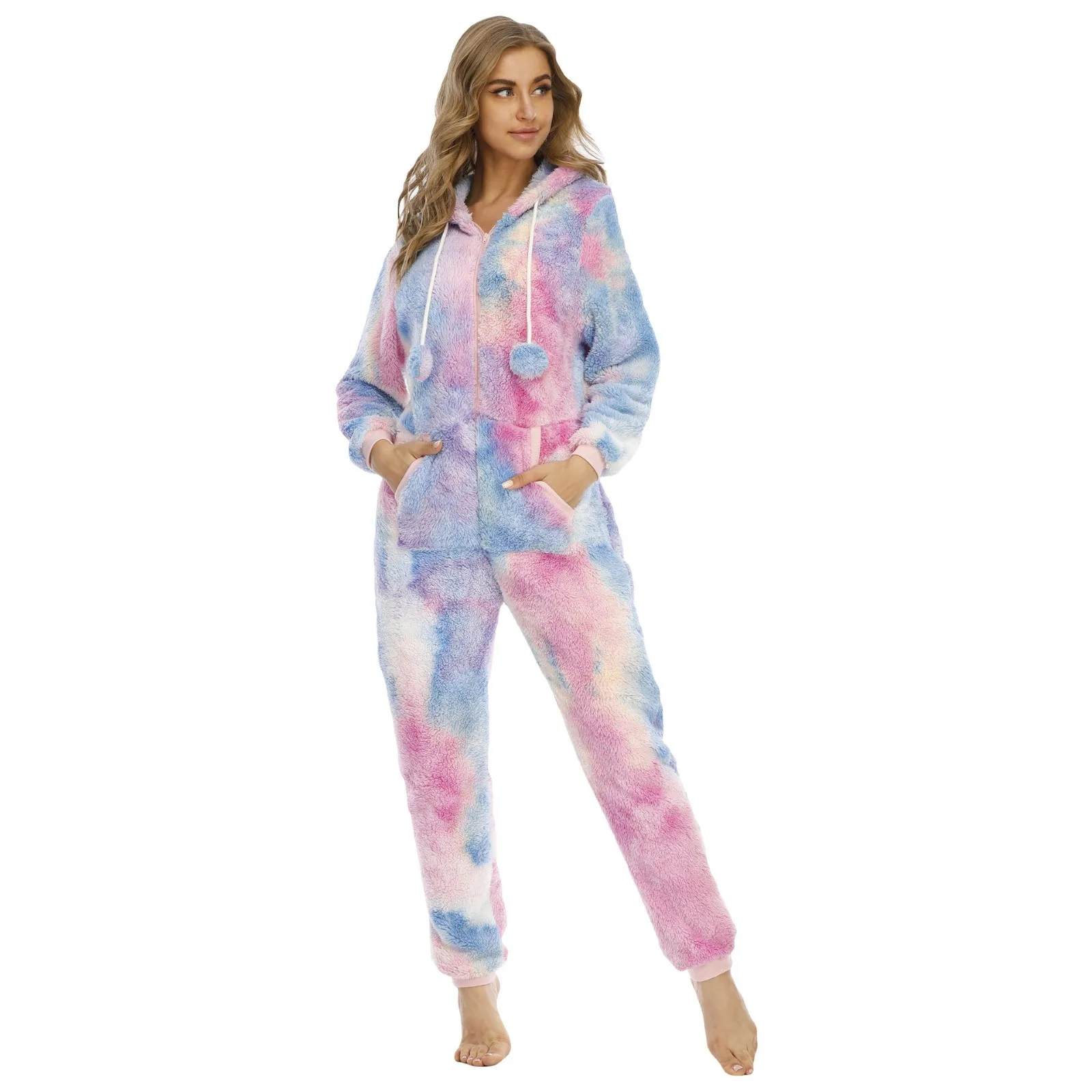 Roupa de casa feminina velo onesies pijamas pijamas gravata corante com capuz macacão nightwear plush rompers pijamas femme