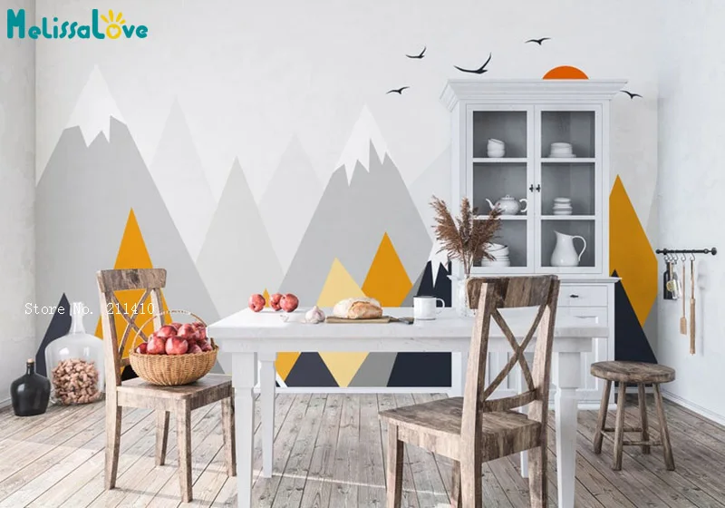 Orange Gray Mountains Wall Mural Removable Kids Nursery Toddlers Boys Girls Home Decor Living Bedroom Decals YT6422