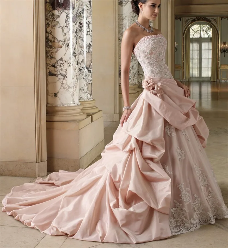 Best Seller Ball Gown Strapless Backless Taffeta Applique Pink Wedding Dress 2016