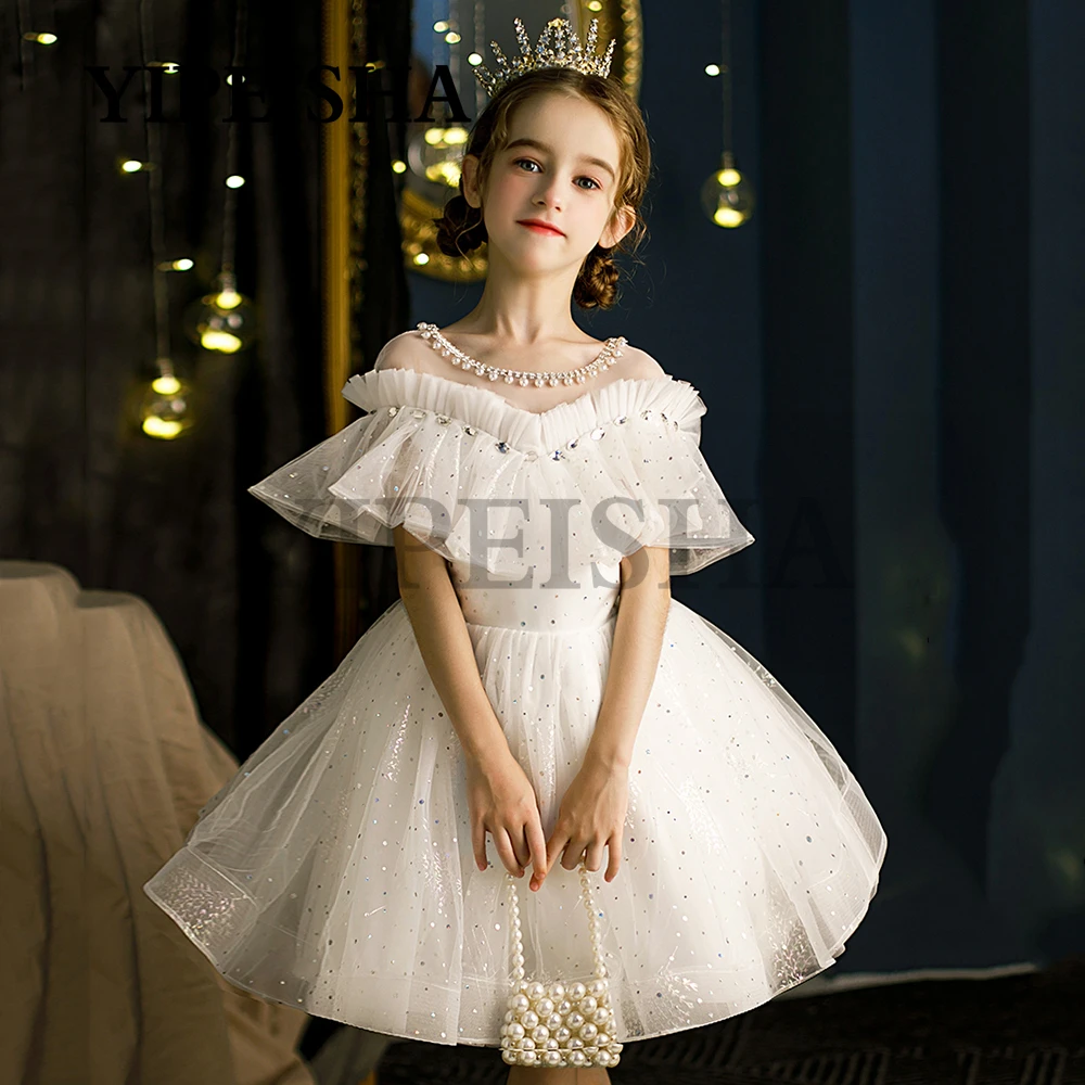 Scoop Neck perline Flower Girl Dress A-Line increspato Tulle abito da ballo principessa abbigliamento per bambini