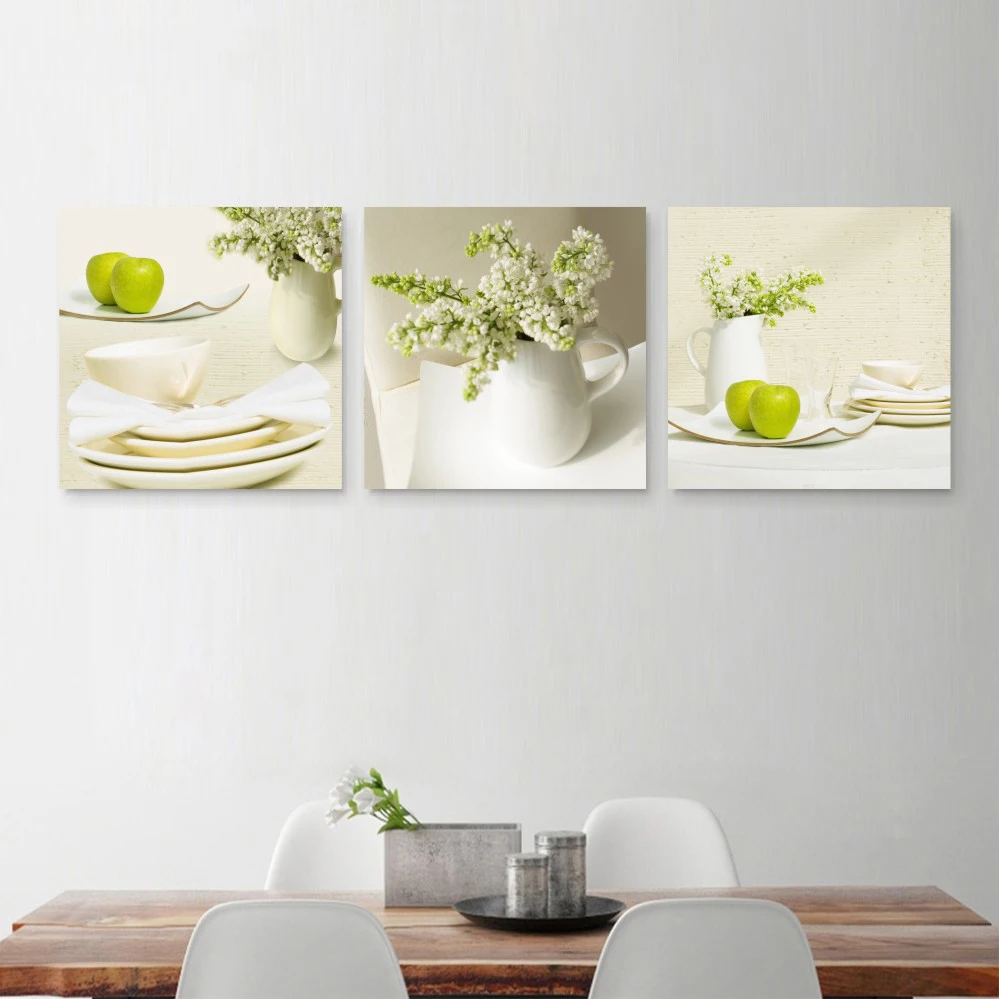 3 Panel Green Apple Flowers Kitchen Posters Wall Art Canvas Pictures Home Decor Paintings Accessories for Living Room Decoration