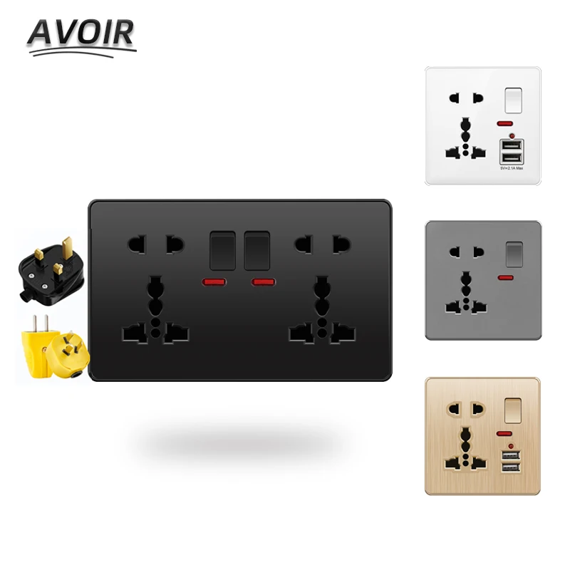 

Avoir Wall Socket With Switch Black/White/Gray/Gold Plastic Embedd Panel 5 Hole Outlet AC110-250V Dual USB Port Light Switch