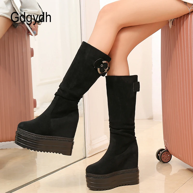 Gdgydh Thick Sole Height Increased Tube Boots Women Fashion Buckle Strap European and American Platform Shoes Woman Knee High