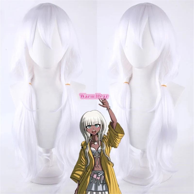 Danganronpa V3 Angie Yonaga Anjii Peluca de Anime Cosplay resistente al calor pelucas 70cm blanco largo ondulado pelucas de pelo sintético + una peluca cap