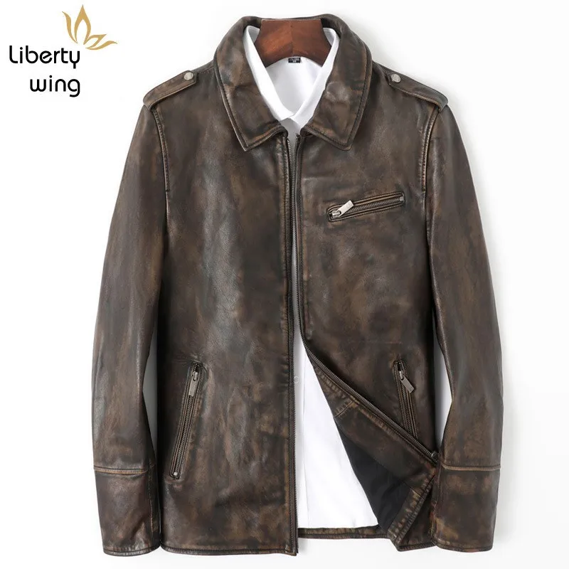 High Quality Mens Horsehide Genuine Leather Vintage Business Man Casual Slim Fit Jacket Moto Biker Windproof Outwear Coat