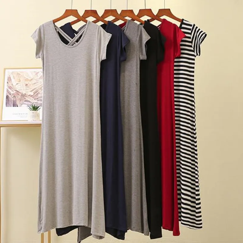 Sexy backless cotton nightgowns women short sleeve long dress casual home wear nightdress modal comfortable female nightshirt