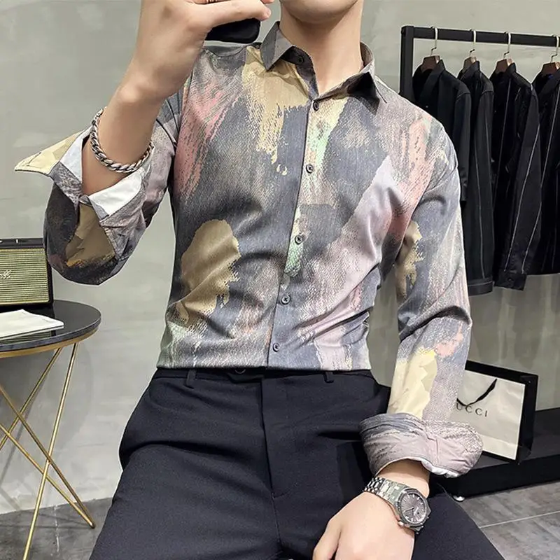 2024 Spring New Youth Korean Slim Lapel Flower Shirt Long Sleeve Men's British Elastic Base Shirt Trend Shirt Long Sleeve Brand