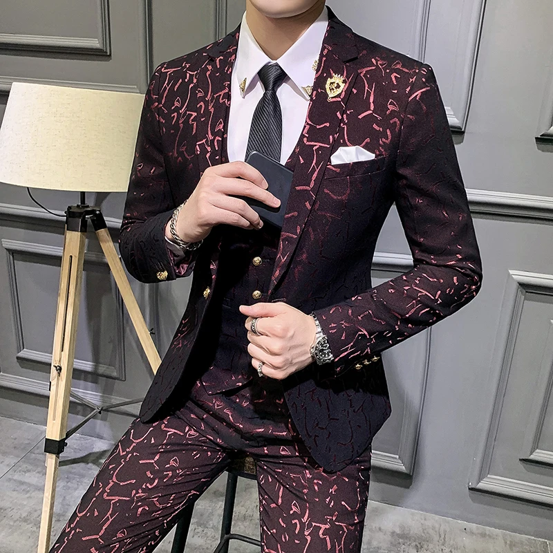 Luxury Men Suit Sets Latest Coat Pant Vest Design Dress Suits Floral Slim Men\'s Groom Tuxedo Suit Royal Blue Burgundy Men Suits